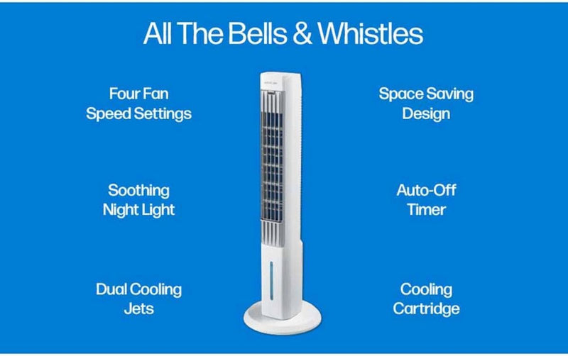 Tower+ Indoor Evaporative Cooler with Oscillating and Quiet Fan Function, Auto-Off Timer, 4 Fan Speeds, LED Night Light, 16-Hour Cooling, Fan for Bedroom, Living Room, Office & More,White