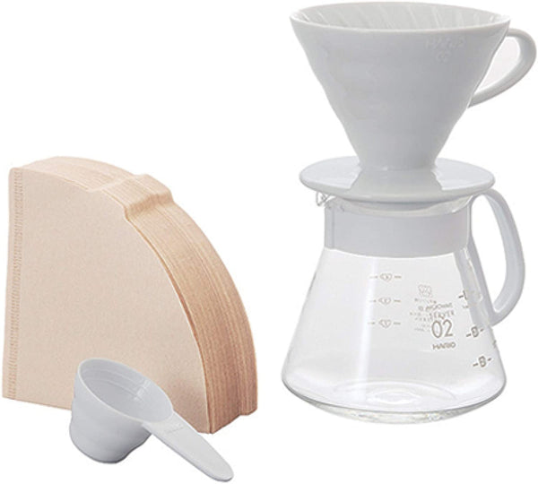 V60 Pour over Set with Ceramic Dripper, Glass Server, Scoop and Filters, Size 02, White