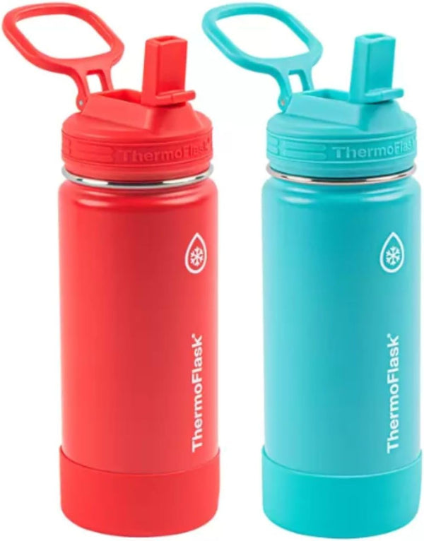 16Oz Stainless Steel Water Bottle, 2-Pack, Red and Aquamarine