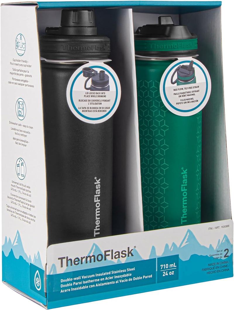 24 Oz Double Wall Vacuum Insulated Stainless Steel 2-Pack of Water Bottles, Black/Malachite