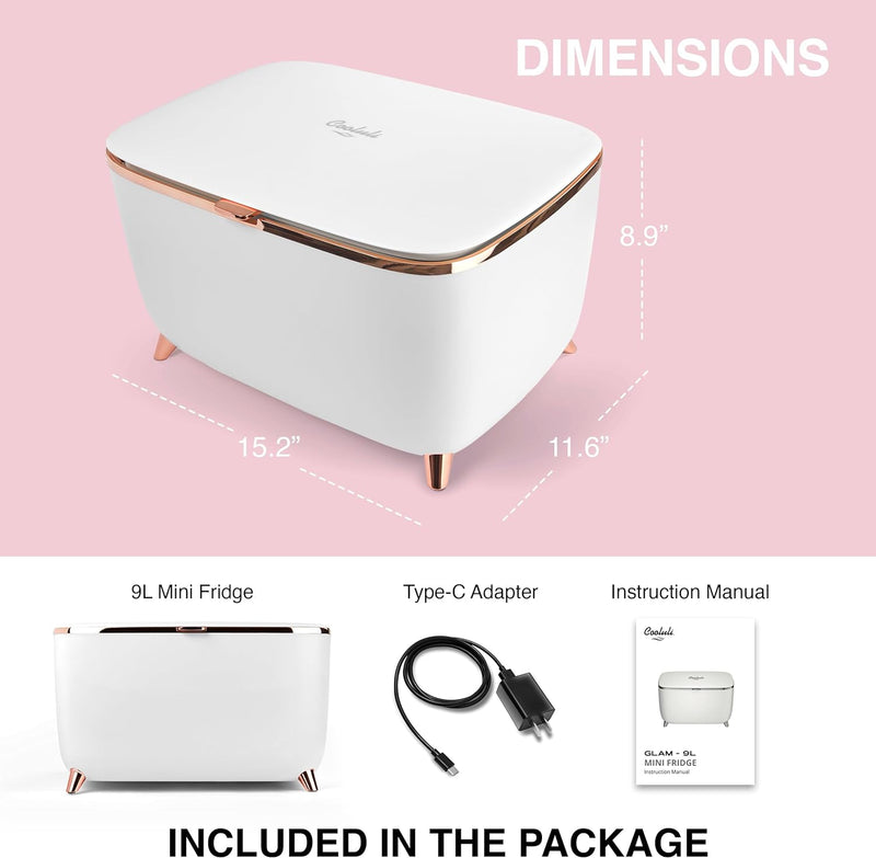 Glam 9L Mini Skincare Fridge - White Mini Fridge for Skin Care Accessories, Makeup, Cosmetics and Facial Masks Storage - Ideal Birthday and Christmas Gift for Women and Teen Girls